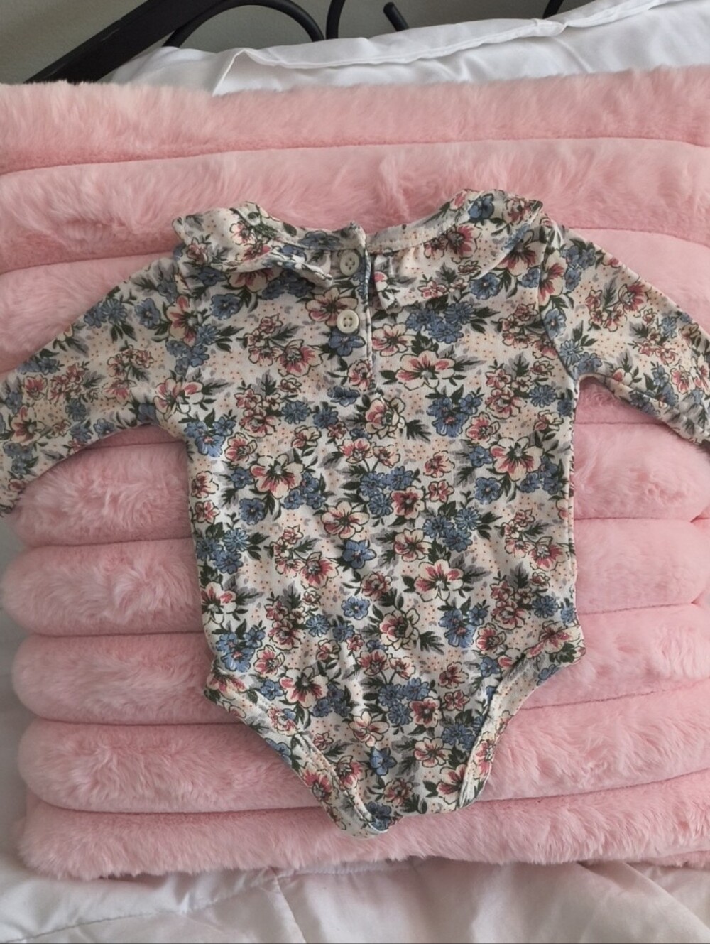 Nicole Miller Floral Long-Sleeve Baby Bodysuit in Cream with Blue & Pink Flowers